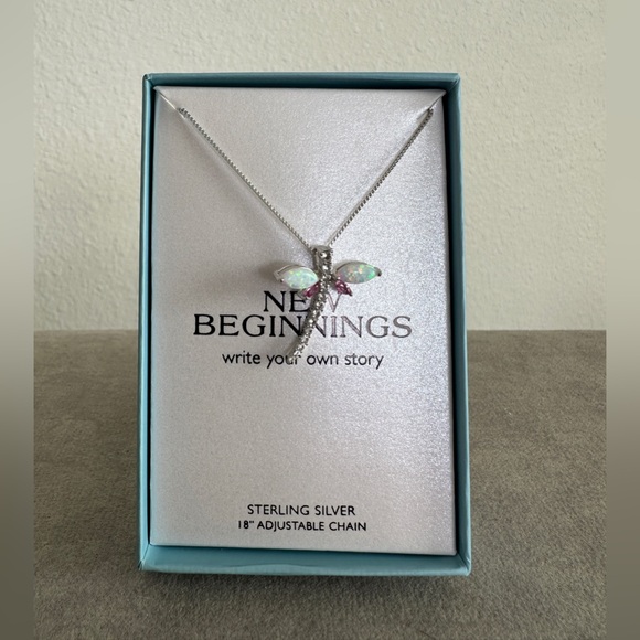 Jewelry - Lab Created White Opal Sterling Silver Dragonfly Pendant Necklace